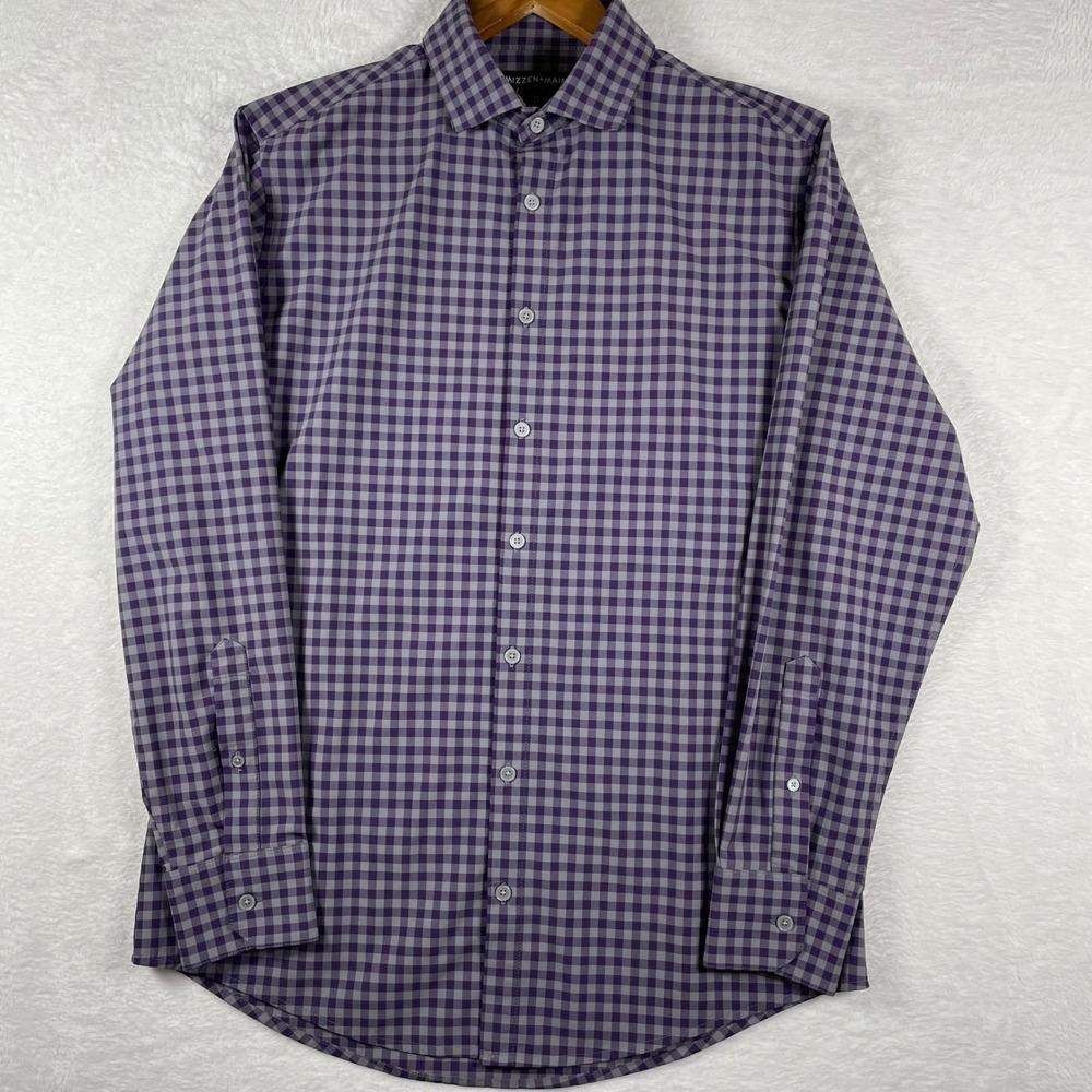 Mizzen+Main Leeward Mens Medium Trim Fit Gingham Check Dress Shirt Purple Grey